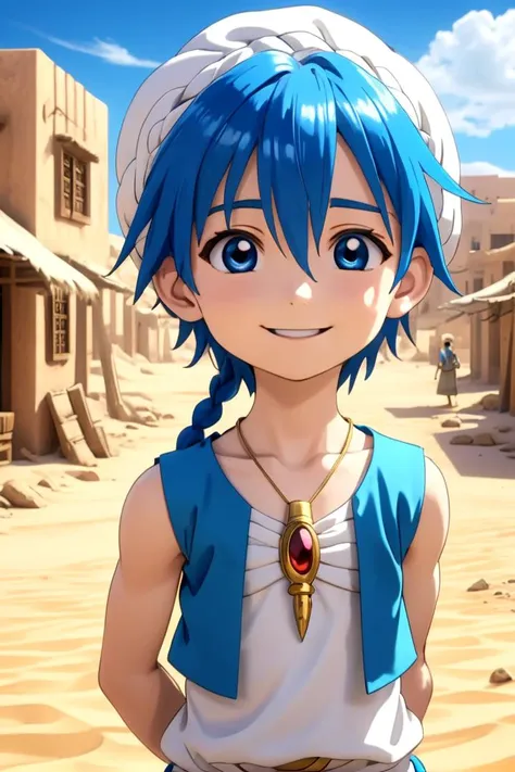 <lora:Magi_-_Aladdin-000007:0.7>
1boy magi_aladdin standing alone in a sandy desert town
He has short blue hair with one single braid, wearing a turban, is smiling, and wearing a flute as pendant around his neck and wears a blue vest.
In the background, a bright blue sky is visible, mouth closed, sneer
The soft lighting and detailed surroundings create an immersive environment where imagination runs wild
hyper-detailed,hyper-detailed face, high quality visuals, dim Lighting, sharply focused, octane render, 8k UHD
<lora:XDetail_light:1>