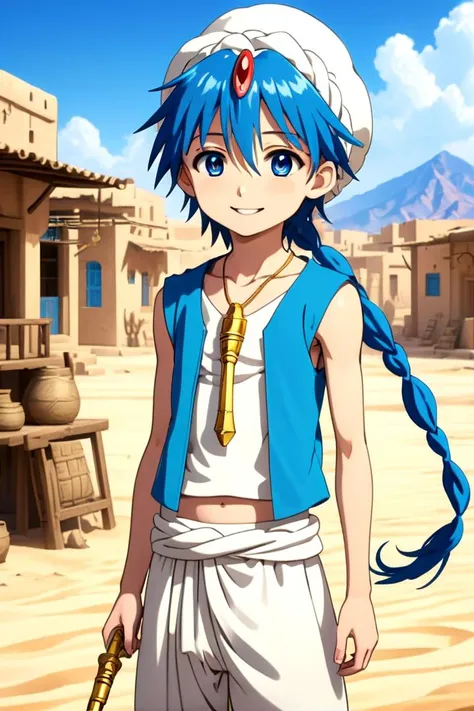 <lora:Magi_-_Aladdin-000007:0.7>
1boy magi_aladdin standing alone in a sandy desert town
He has short blue hair with one single braid, wearing a turban, is smiling, and wearing a flute as pendant around his neck and wears a blue vest.
In the background, a bright blue sky is visible, mouth closed, sneer
The soft lighting and detailed surroundings create an immersive environment where imagination runs wild
hyper-detailed,hyper-detailed face, high quality visuals, dim Lighting, sharply focused, octane render, 8k UHD
<lora:XDetail_light:1>