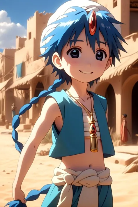 <lora:Magi_-_Aladdin-000007:0.7>
1boy magi_aladdin standing alone in a sandy desert town
He has short blue hair with one single braid, wearing a turban, is smiling, and wearing a flute as pendant around his neck and wears a blue vest.
In the background, a bright blue sky is visible,
The soft lighting and detailed surroundings create an immersive environment where imagination runs wild
hyper-detailed,hyper-detailed face, high quality visuals, dim Lighting, sharply focused, octane render, 8k UHD
<lora:XDetail_light:1>