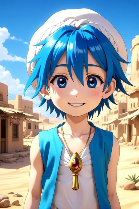 <lora:Magi_-_Aladdin-000007:0.7>
1boy magi_aladdin standing alone in a sandy desert town
He has short blue hair with one single braid, wearing a turban, is smiling, and wearing a flute as pendant around his neck and wears a blue vest.
In the background, a bright blue sky is visible, mouth closed, sneer
The soft lighting and detailed surroundings create an immersive environment where imagination runs wild
hyper-detailed,hyper-detailed face, high quality visuals, dim Lighting, sharply focused, octane render, 8k UHD
<lora:XDetail_light:1>