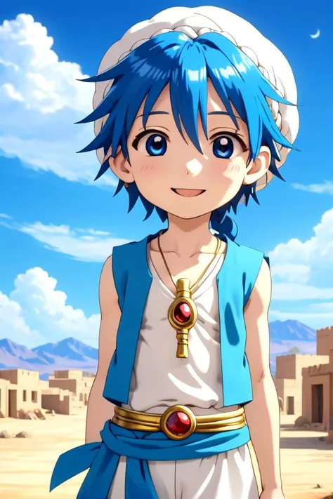 <lora:Magi_-_Aladdin-000007:0.7>
1boy magi_aladdin standing alone in a sandy desert town
He has short blue hair with one single braid, wearing a turban, is smiling, and wearing a flute as pendant around his neck and wears a blue vest.
In the background, a bright blue sky is visible, mouth closed, sneer
The soft lighting and detailed surroundings create an immersive environment where imagination runs wild
hyper-detailed,hyper-detailed face, high quality visuals, dim Lighting, sharply focused, octane render, 8k UHD
<lora:XDetail_light:1>