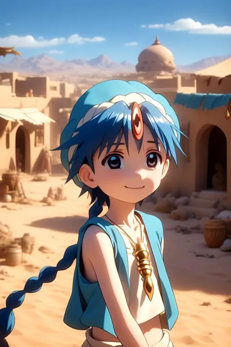 <lora:Magi_-_Aladdin-000007:0.7>
1boy magi_aladdin standing alone in a sandy desert town
He has short blue hair with one single braid, wearing a turban, is smiling, and wearing a flute as pendant around his neck and wears a blue vest.
In the background, a bright blue sky is visible,
The soft lighting and detailed surroundings create an immersive environment where imagination runs wild
hyper-detailed,hyper-detailed face, high quality visuals, dim Lighting, sharply focused, octane render, 8k UHD
<lora:XDetail_light:1>