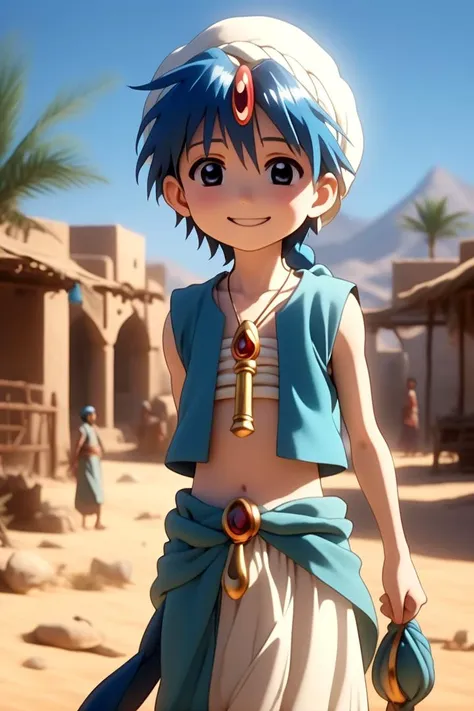 <lora:Magi_-_Aladdin-000007:0.7>
1boy magi_aladdin standing alone in a sandy desert town
He has short blue hair with one single braid, wearing a turban, is smiling, and wearing a flute as pendant around his neck and wears a blue vest.
In the background, a bright blue sky is visible,
The soft lighting and detailed surroundings create an immersive environment where imagination runs wild
hyper-detailed,hyper-detailed face, high quality visuals, dim Lighting, sharply focused, octane render, 8k UHD
<lora:XDetail_light:1>