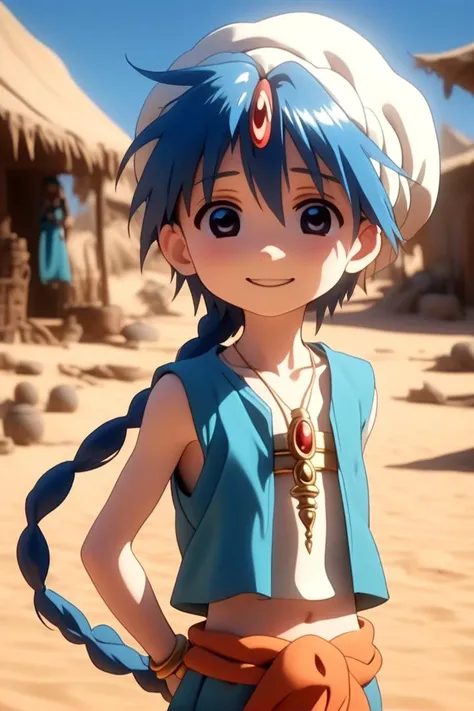 <lora:Magi_-_Aladdin-000007:0.7>
1boy magi_aladdin standing alone in a sandy desert town
He has short blue hair with one single braid, wearing a turban, is smiling, and wearing a flute as pendant around his neck and wears a blue vest.
In the background, a bright blue sky is visible,
The soft lighting and detailed surroundings create an immersive environment where imagination runs wild
hyper-detailed,hyper-detailed face, high quality visuals, dim Lighting, sharply focused, octane render, 8k UHD
<lora:XDetail_light:1>