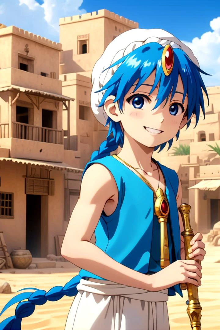<lora:Magi_-_Aladdin-000007:0.7>
1boy magi_aladdin standing alone in a sandy desert town
He has short blue hair with one single braid, wearing a turban, is smiling, and wearing a flute as pendant around his neck and wears a blue vest.
In the background, a bright blue sky is visible, mouth closed, sneer
The soft lighting and detailed surroundings create an immersive environment where imagination runs wild
hyper-detailed,hyper-detailed face, high quality visuals, dim Lighting, sharply focused, octane render, 8k UHD
<lora:XDetail_light:1>