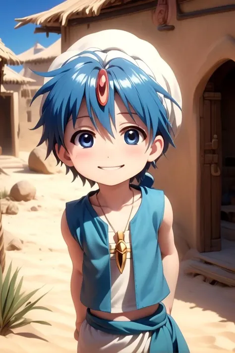 <lora:Magi_-_Aladdin-000007:0.7>
1boy magi_aladdin standing alone in a sandy desert town
He has short blue hair with one single braid, wearing a turban, is smiling, and wearing a flute as pendant around his neck and wears a blue vest.
In the background, a bright blue sky is visible,
The soft lighting and detailed surroundings create an immersive environment where imagination runs wild
hyper-detailed,hyper-detailed face, high quality visuals, dim Lighting, sharply focused, octane render, 8k UHD
<lora:XDetail_light:1>