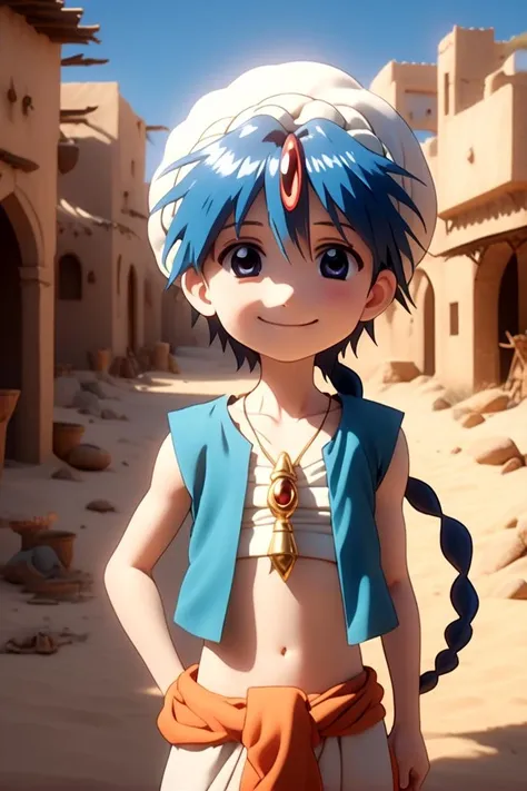 1boy,magi_aladdin,Standing alone in a desert town, He has short blue hair,With a braid,Wear a headscarf,Smiling,A flute pendant hangs around her neck,Wearing a blue vest, A magical explosion can be seen in the background,Super large magic circle,lightning,fighting,Mouth tightly shut,sneer,Soft lighting and detailed environments create an immersive environment,Let your imagination run wild with super details, Ultra-detailed face, High-quality visual effects, Sharp focus, Octane Rendering, 8k, Ultra HD