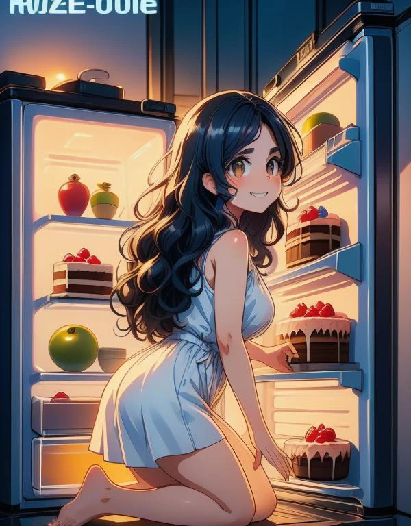 anime, best quality, absurd resolution, intricate detail, (perfect detail features), 8k, UHD, (masterpiece:1.4), (high quality:1.4), high definition, animation, illustration, highly detailed, highres, extremely detailed, sharp focus, <lora:hyperdenoiser_v090:0.5>, <lora:hyperrefiner_v090:0.5>, <lora:add_detail:0.3>, 4k, absurd resolution, detailed hands, (detailed eyes:1.3), <lora:sd15_lora_beta:0.5>, <lora:perfetfingers:0.5>, <lora:ETO_OC:0.2> ETO-OC, <lora:ETO_OCC006:0.5>, ETO_OCC, (curly hair:1.3), (long hair:1.1), (black hair:1.5), thick eyebrows, pale skin, (plump:1.4), 1girl, (hazel eyes:1.9), smiling, mature female, smug, (grin:1.4), (parted bangs:1.8), (apple cheeks), (round-face:1.8), (round-chin:1.7), <lora:taremeEyes_v10:0.5>, perfect eyes, (multi-tone eyes:1.7), (anime screencap:1.8), (edgQuality:1.5), <lora:girllikerefrigerator:1> (refrigerator:1.6), hands on mouth, from side, colorfully neon lights, ((cake, drinks, fruits,:1.5)), ((seiza, bare feet)), kneeling, kitchen, (food inside fridge:1.7), <lora:doyagao_v080:1>