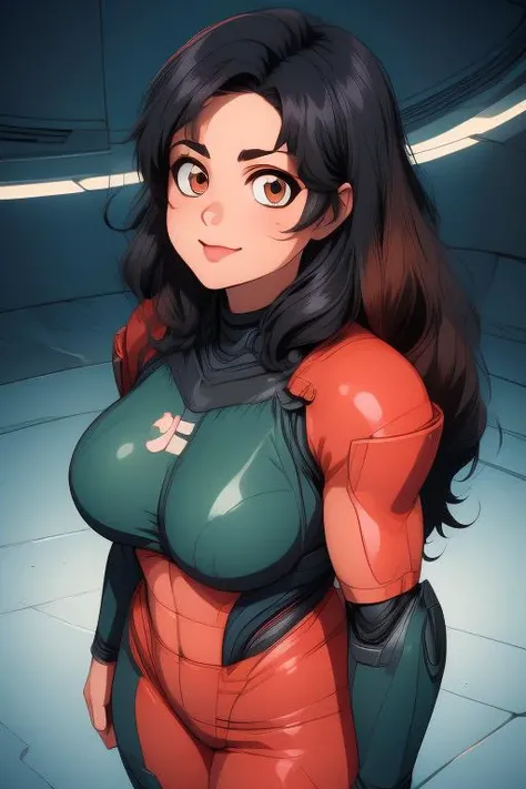 anime, best quality, absurd resolution, intricate detail, (perfect detail features), 8k, UHD, (masterpiece:1.4), (high quality:1.4), high definition, animation, illustration, highly detailed, highres, extremely detailed, sharp focus, <lora:hyperdenoiser_v090:0.5>, <lora:hyperrefiner_v090:0.5>, <lora:add_detail:0.3>, 4k, absurd resolution, detailed hands, (detailed eyes:1.3), <lora:sd15_lora_beta:0.2>, <lora:perfetfingers:0.5>, <lora:ETO_OC:0.2> ETO-OC, <lora:ETO_OCC006:0.7>, ETO_OCC, (curly hair:1.3), (long hair:1.1), (black hair:1.5), thick eyebrows, pale skin, (plump:1.7), 1girl, (hazel-darkgreen eyes:1.6), smiling, looking at viewer, mature female, smug, (seductive smile:1.4), (parted bangs:1.8), (apple cheeks:1.7), (round-face:1.8), (round-chin:1.7), <lora:taremeEyes_v10:0.5>, perfect eyes, full body, (multicolored eyes:1.7), (anime screencap:1.8), (edgQuality), <lora:JaneSheperdMEle-12v10:1> Shepard, ((armor, bodysuit, N7, standing, science fiction, full body))