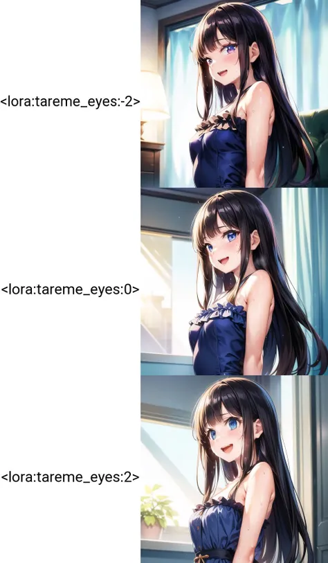 <lora:add_brightness:0.5><lora:add_detail:0.5>(masterpiece:1.2),best quality,illustration,beautiful detailed girl, (1girl) (standing at attention),front view,arms aside, (sweat:1.2),(smile:1.1),open mouth,upper body, (long hair:1.1),blunt bangs,dark blue frilled dress, backlighting,<lora:tareme_eyes:-2>