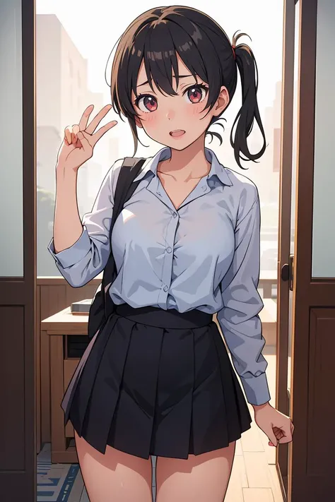 (((masterpiece, best quality, ultra highres, 1 girl, solo, no background))), super detailed skin and face and eyes and finger, beautiful japanese woman, small breasts:1.5, skinny, light brown hair, white background, very short pixie hair, (an illustration of girl), Knee shot, Generate with illustrations, Various expressions, Various poses, outline, anime, Panty shot, Spread legs, Skirt, , White panties, Shirt, White shirt, Lips, Tie, Pleated skirt,
