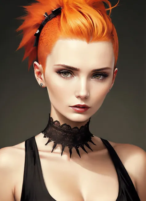 portrait of sks woman by Flora Borsi, style by Flora Borsi, bold, bright colours, orange Mohawk haircut, ((Flora Borsi)), <lora:locon_lauren_v1_from_v1_64_32:1.3>