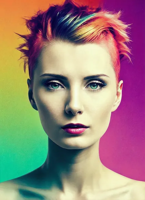portrait of sks woman by Flora Borsi, style by Flora Borsi, bold, bright colours, rainbow Mohawk haircut, ((Flora Borsi)), <lora:locon_lauren_v1_from_v1_64_32:1.3>