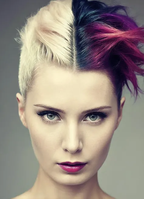 portrait of sks woman by Flora Borsi, style by Flora Borsi, bold, bright colours, rainbow Mohawk haircut, ((Flora Borsi)), <lora:locon_lauren_v1_from_v1_64_32:1.3>
