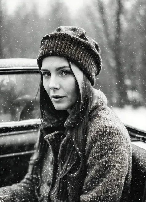 analog style, modelshoot style, RAW photo of a sks woman, sitting in outdoor car ,winter ,snowy , ((wearing cap)), (detailed face), grunge, ((visual kai)), ((full body)), (high detailed skin:1.2), 8k uhd, dslr, soft lighting, high quality, film grain, Fujifilm XT3, <lora:locon_lauren_v1_from_v1_64_32:1.3>