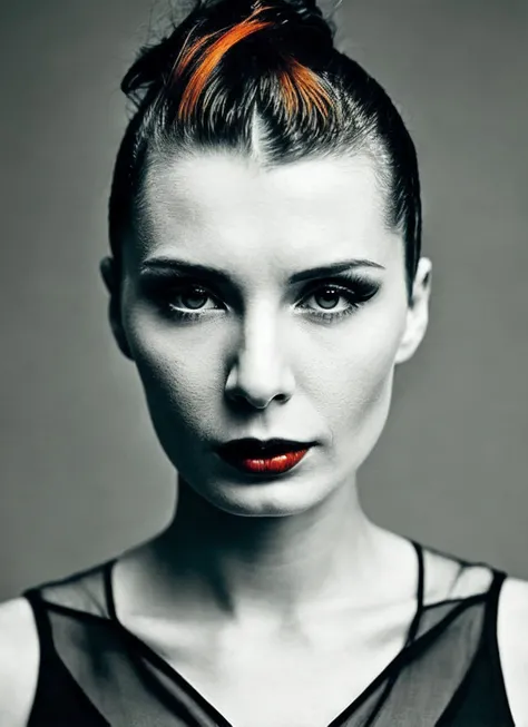 analog style, modelshoot style, portrait of sks woman by Flora Borsi, style by Flora Borsi, bold, bright colours, orange Mohawk haircut, ((Flora Borsi)), <lora:locon_lauren_v1_from_v1_64_32:1.3>