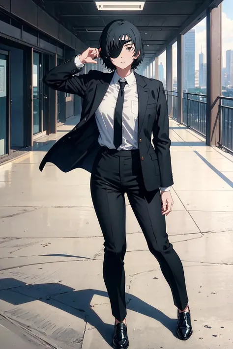 (masterpiece:1.2), himeno, 1girl, solo, looking at viewer, short hair, shirt, black hair, office background, standing, jacket, full body, white shirt, necktie, collared shirt, pants, black jacket, brown footwear, black pants, left eyepatch, formal, suit, black necktie, shirt tucked in, <lora:himeno:1>