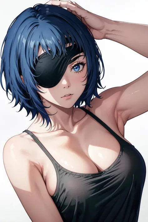 (masterpiece:1.2), himeno, 1girl, solo, blue eye, looking at viewer, short hair, large breasts, simple background, black hair, cleavage, bare shoulders, collarbone, left eyepatch, tank top, dark,  <lora:himeno:1>