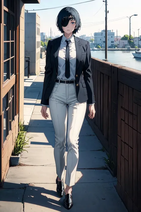(masterpiece:1.2), himeno, 1girl, solo, looking at viewer, short hair, shirt, black hair, office background, right blue eye, standing, jacket, full body, white shirt, necktie, collared shirt, pants, black jacket, brown footwear, black pants, left eyepatch, formal, suit, black necktie, shirt tucked in, <lora:himeno:1>