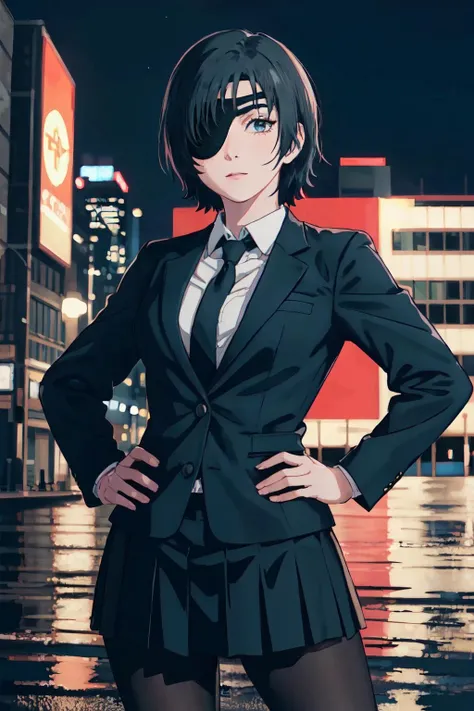<lora:himeno:0.9> dynamic pose, himeno,short hair,eyepatch,formal,collared shirt, black jacket, black necktie,short hair,cowboy shot, black skirt, black pantyhose, black hair,
(best quality, masterpiece, RAW photo,ultra-detailed:1.2), <lyco:GoodHands-beta2:1.0>,1girl,solo,looking at viewer, night city,hands on hip,