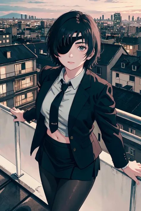 <lora:himeno:0.9> himeno,short hair,eyepatch,formal,collared shirt, black jacket, black necktie,short hair,cowboy shot, black skirt, black pantyhose, black hair, navel, from above,
(best quality, masterpiece, RAW photo,ultra-detailed:1.2), <lyco:GoodHands-beta2:1.0>,1girl,solo,looking at viewer,  night city, rooftop,