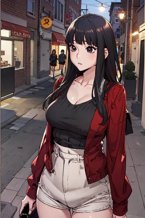 <lora:Anna_SW:0.8>, Annadef, black hair, black eyes, long hair
masterpiece, best quality
outdoors, skirt, breasts, shirt, long hair, collarbone, jacket, solo, red jacket, 1girl, shorts, black hair, large breasts, bangs, handbag, solo focus, blunt bangs, cleavage, upper body,
