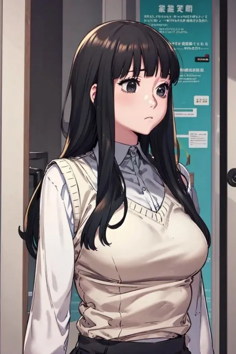 <lora:Anna_SW:0.8>, Annadef, black hair, black eyes, long hair
masterpiece, best quality
sweater vest, white shirt, looking to the side, 1girl, upper body, closed mouth, bangs, large breasts, looking away, shirt, blunt bangs, solo, collared shirt, expressionless