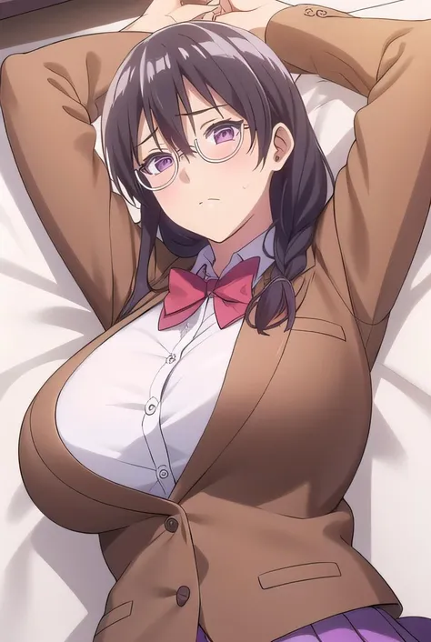 ((masterpiece:1.4, best qualit:1.4, high resolution:1.4, bright colors, vibrant colors:1.2)), <lora:Saitou_Fumika-10:0.7>, Saitou, 1girl, solo, huge breasts, school uniform, glasses, bangs, bow, brown jacket, bowtie, embarrased, worried expression, open mouth, hair over shoulder, blush, pleated skirt, bed sheet, indoor, purple eyes, cowboy shot, upper body, frontal view:1.1, lying on bed, arms up, looking at viewer