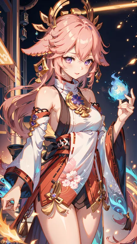 <lora:Neonpunkai-8:1> <lora:yaemiko1:1> Neonpunkai, yaemikodef, 1girl, Yae Miko Genshin Impact, pink hair, purple eyes, Yae Miko outfit, happy,