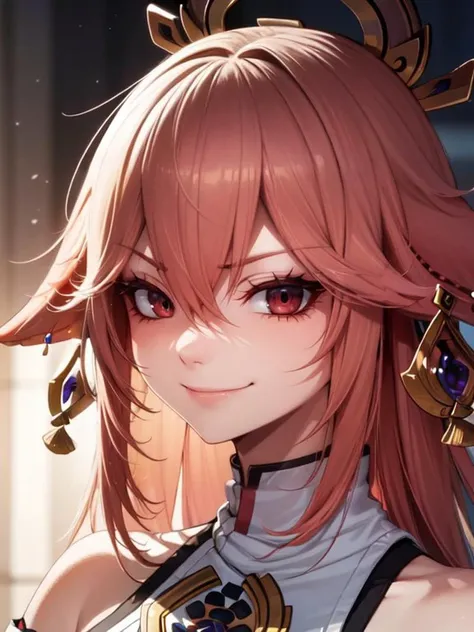 (masterpiece, best quality:1.2), 8K, highly detailed, intricate, colorful, vibrant image, sharp focus, cinematic, perfect lighting, yaemikodef, yaemikornd, standing, high quality face, detailed eyes, detailed hair, evil face, evil smile, close view, looking at viewer, detailed clothes, <lora:yaemiko1:0.8>
