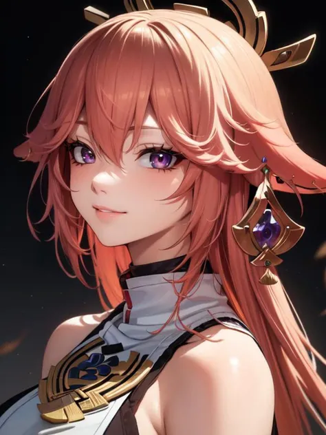 (masterpiece, best quality:1.2), 8K, highly detailed, intricate, colorful, vibrant image, sharp focus, cinematic, perfect lighting, yaemikodef, yaemikornd, standing, high quality face, detailed eyes, detailed hair, tricky smile, the dominant view, looking at viewer, detailed clothes, <lora:yaemiko1:0.8>