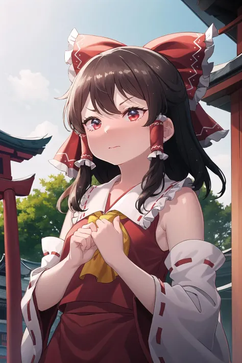 1girl, hakurei reimu, shrine,upper body,<lora:borntodieV2:1>,closed mouth,