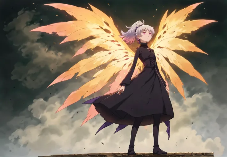 (score_9,score_8_up,score_7_up,score_6_up,score_5_up,score_4_up, source_anime, apocalypse:1.2),  (from afar, full body:1.3), amazing artwork of  (Yin_DDB:1.3) with a tight dress and a (dark green trenchcoat:1.001) (holding black ancient swords:1.1), (energy wings:1.1), silver hair, pink eyes, ponytail, solo.
(fluroescent smoke on background, night, high contrast:1.1), super high contrast fluorescent colors, nocturnal theme, portals in background, detailed background,
<lora:Yin_DDB_v10:1> ,  <lora:xl_more_art-full_v1:1.3>,    <lora:add-detail-xl:1.2>,   <lora:aesthetic_anime_v1s:1.2>