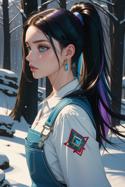 valentina_n0treal, (stylized by Walter Percy Day:0.8) , awardwinning Painting, Modernism Art, Zen, shot from side of a Vulgar Biopunk short Space Age Veterinarian ([Irene Adler:Andrea Savage:1]:1.3) , she as Israeli Bard, she is very in love, surreal, dressed in a very Repugnant Atmospheric Blue Overalls and Noxious Purple Deel, her hair is Inspired and styled as Low ponytail, Green highlights, Irene Adler has a Caring Fijian electric indigo Fitbit, Keychain, dense woods and nature, Snowing, Panorama, Overdetailed art, Cosy, highly detailed, specular lighting, 35mm, Pastel Colors, Embossing, Embroidery, photo-realistic face, Topaz detailed eyes, highly detailed, absurdres