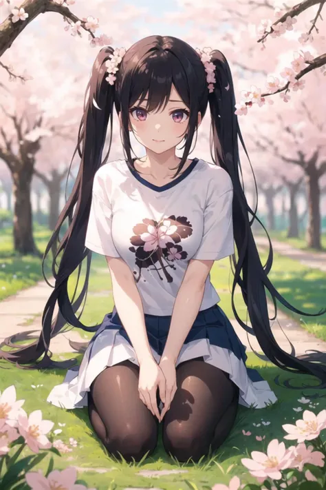 1girl, casual clothes, t-shirt, skirt, twintails, long hair, outdoors, sakura flowers, grass, seiza