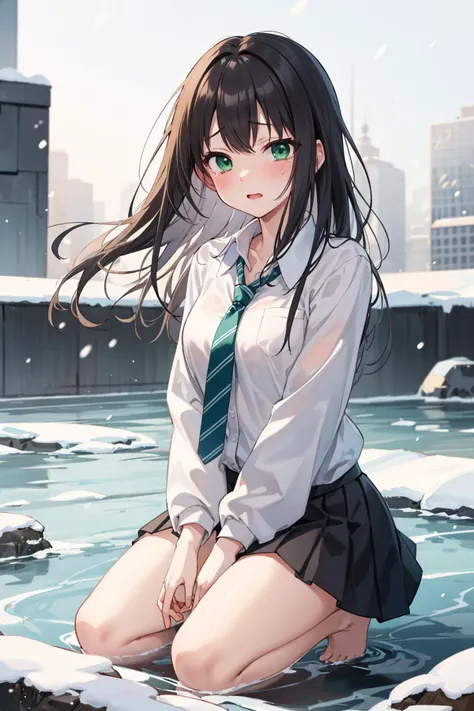 ((masterpiece)), (best quality), official art, extremely detailed CG, unity 8k wallpaper, ultra detailed, highly detailed,
1girl, rin shibuya, black hair, (green eyes:1.5), long hair,school uniform, white shirt, collared shirt, long sleeves, green necktie, striped necktie, miniskirt, black skirt, pleated skirt, barefoot,  crying, 
<lora:rinshibuyatest:1>, sitting, seiza, on ice, frozen lake, frozen water, snow, snowing, wind, cold winter,