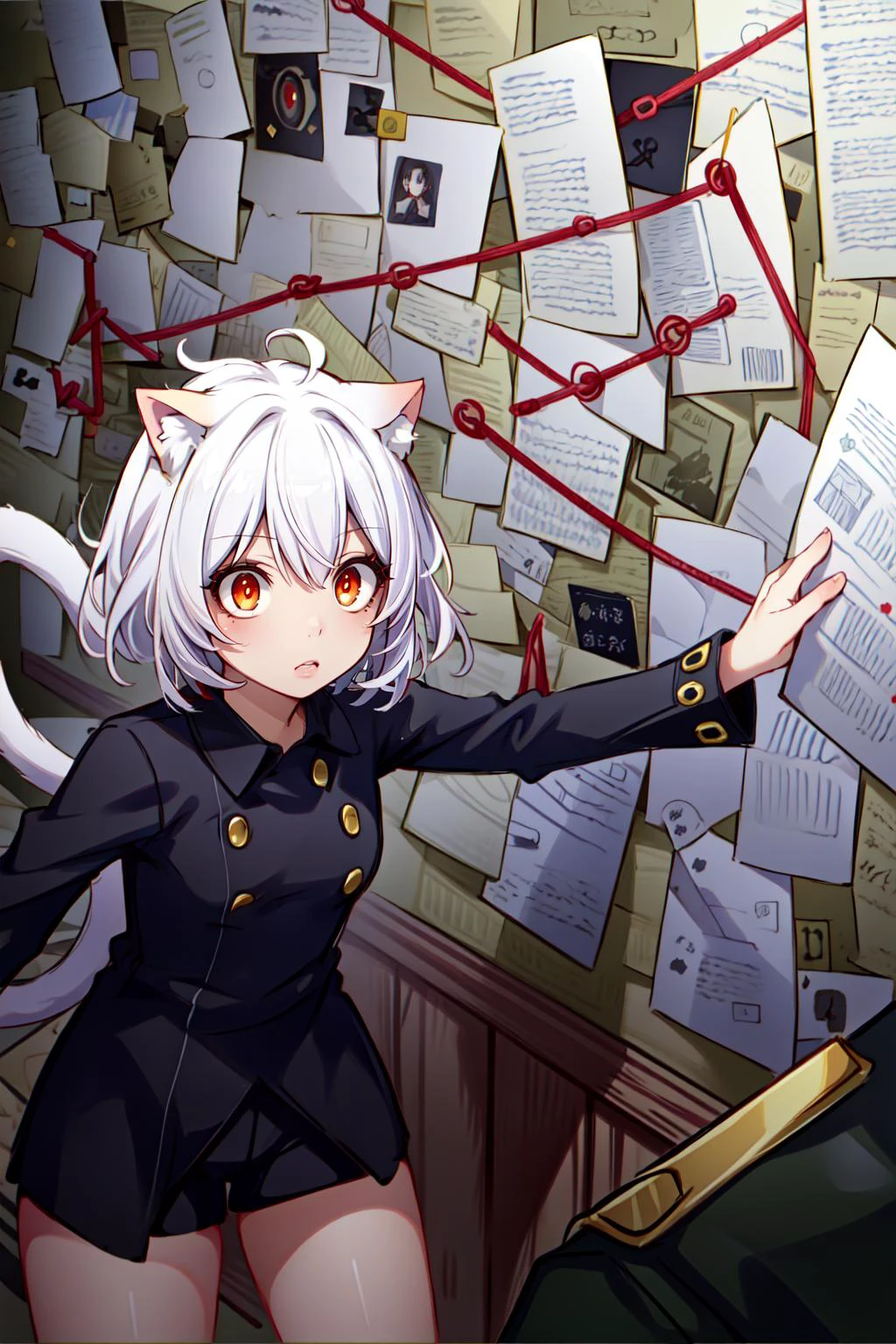 (masterpiece, best quality), intricate details,
1girl, <lora:neferpitou:0.8> neferpitou, short hair, (red eyes:1.5), animal ears, tail, white hair, cat ears, cat tail, curly hair, (small breast:1.2),, long sleeves, shorts, black shirt,
<lora:PepeSilviaMeme:1> PepeSilviaMeme, wall, paper,