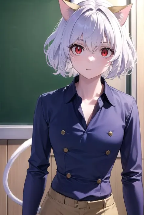 neferpitou, <lora:neferpitou-lora-nochekaiser:1>,
neferpitou, short hair, (red eyes:1.5), animal ears, hair between eyes, tail, white hair, cat ears, cat tail, cat girl, curly hair,
BREAK long sleeves, shorts, striped, buttons, brown shorts, shirt, collared shirt, blue shirt,
BREAK looking at viewer,
BREAK indoors, classroom, (cowboy shot:1.5),
BREAK <lyco:GoodHands-beta2:1>, (masterpiece:1.2), best quality, high resolution, unity 8k wallpaper, (illustration:0.8), (beautiful detailed eyes:1.6), extremely detailed face, perfect lighting, extremely detailed CG, (perfect hands, perfect anatomy),