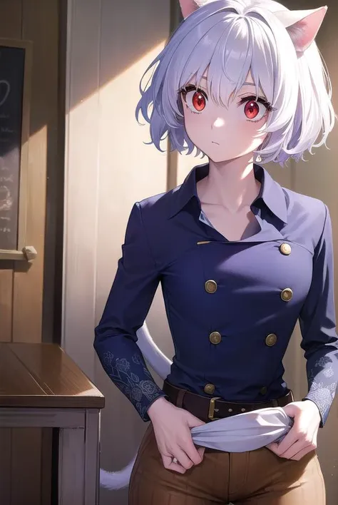 neferpitou, <lora:neferpitou-lora-nochekaiser:1>,
neferpitou, short hair, (red eyes:1.5), animal ears, hair between eyes, tail, white hair, cat ears, cat tail, cat girl, curly hair,
BREAK long sleeves, shorts, striped, buttons, brown shorts, shirt, collared shirt, blue shirt,
BREAK looking at viewer,
BREAK indoors, classroom, (cowboy shot:1.5),
BREAK <lyco:GoodHands-beta2:1>, (masterpiece:1.2), best quality, high resolution, unity 8k wallpaper, (illustration:0.8), (beautiful detailed eyes:1.6), extremely detailed face, perfect lighting, extremely detailed CG, (perfect hands, perfect anatomy),