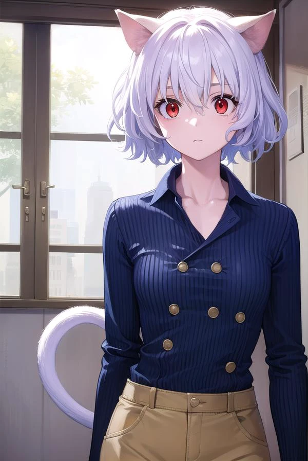 neferpitou, <lora:neferpitou-lora-nochekaiser:1>,
neferpitou, short hair, (red eyes:1.5), animal ears, hair between eyes, tail, white hair, cat ears, cat tail, cat girl, curly hair,
BREAK long sleeves, shorts, striped, buttons, brown shorts, shirt, collared shirt, blue shirt,
BREAK looking at viewer,
BREAK indoors, classroom, (cowboy shot:1.5),
BREAK <lyco:GoodHands-beta2:1>, (masterpiece:1.2), best quality, high resolution, unity 8k wallpaper, (illustration:0.8), (beautiful detailed eyes:1.6), extremely detailed face, perfect lighting, extremely detailed CG, (perfect hands, perfect anatomy),