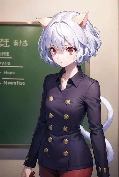 neferpitou, <lora:neferpitou-lora-nochekaiser:1>,
neferpitou, short hair, (red eyes:1.5), animal ears, hair between eyes, tail, white hair, cat ears, cat tail, cat girl, curly hair,
BREAK long sleeves, shorts, striped, buttons, brown shorts, shirt, collared shirt, blue shirt,
BREAK looking at viewer,
BREAK indoors, classroom, (cowboy shot:1.5),
BREAK <lyco:GoodHands-beta2:1>, (masterpiece:1.2), best quality, high resolution, unity 8k wallpaper, (illustration:0.8), (beautiful detailed eyes:1.6), extremely detailed face, perfect lighting, extremely detailed CG, (perfect hands, perfect anatomy),