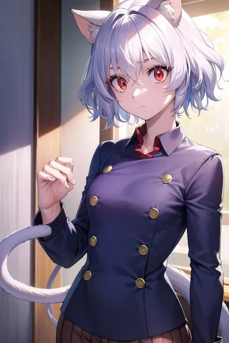 neferpitou, <lora:neferpitou-lora-nochekaiser:1>,
neferpitou, short hair, (red eyes:1.5), animal ears, hair between eyes, tail, white hair, cat ears, cat tail, cat girl, curly hair,
BREAK long sleeves, shorts, striped, buttons, brown shorts, shirt, collared shirt, blue shirt,
BREAK looking at viewer,
BREAK indoors, classroom, (cowboy shot:1.5),
BREAK <lyco:GoodHands-beta2:1>, (masterpiece:1.2), best quality, high resolution, unity 8k wallpaper, (illustration:0.8), (beautiful detailed eyes:1.6), extremely detailed face, perfect lighting, extremely detailed CG, (perfect hands, perfect anatomy),