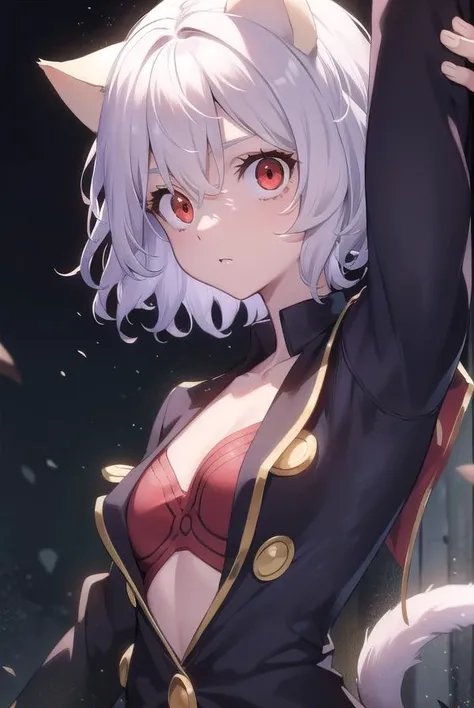 neferpitou, <lora:neferpitou:1>, neferpitou, short hair, (red eyes:1.5), long sleeves, animal ears, tail, white hair, shorts, cat ears, cat tail, curly hair, (small breast:1.2), BREAK looking at viewer, BREAK outside, BREAK <lora:GoodHands-vanilla:1>, (masterpiece:1.2), best quality, high resolution, unity 8k wallpaper, (illustration:0.8), (beautiful detailed eyes:1.6), extremely detailed face, perfect lighting, extremely detailed CG, (perfect hands, perfect anatomy),