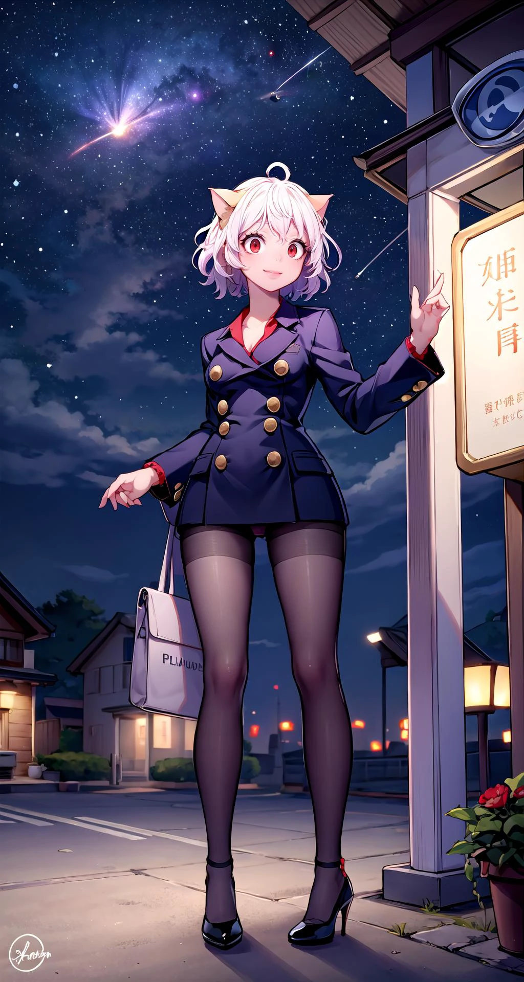 (masterpiece),(intricate details),1girl,mature female,large breasts,
BREAK
neferpitou, <lora:neferpitou:1>, neferpitou, short hair, (red eyes:1.5), long sleeves, animal ears, tail, white hair, shorts, cat ears, cat tail, curly hair,
pantyhose,high heels,depth of field,looking at viewer,random view,((standing on the , Planetarium,)),((full body)),smirk,
BREAK
moon,night,meteor,hanabi,bus stop,((cumulonimbus)),from above:1.2,