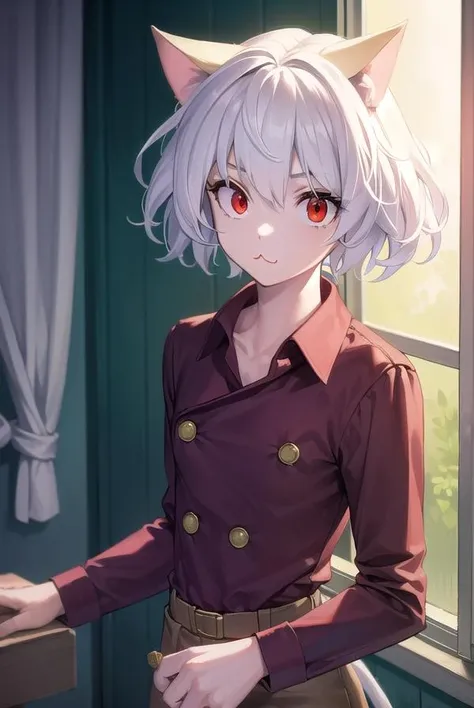 neferpitou, <lora:neferpitou-lora-nochekaiser:1>,
neferpitou, short hair, (red eyes:1.5), animal ears, hair between eyes, tail, white hair, cat ears, cat tail, cat girl, curly hair, <lora:catmouth_v100:1>, :3,
BREAK long sleeves, shorts, striped, buttons, brown shorts, shirt, collared shirt, blue shirt,
BREAK looking at viewer,
BREAK indoors, classroom, (cowboy shot:1.5),
BREAK <lyco:GoodHands-beta2:1>, (masterpiece:1.2), best quality, high resolution, unity 8k wallpaper, (illustration:0.8), (beautiful detailed eyes:1.6), extremely detailed face, perfect lighting, extremely detailed CG, (perfect hands, perfect anatomy),