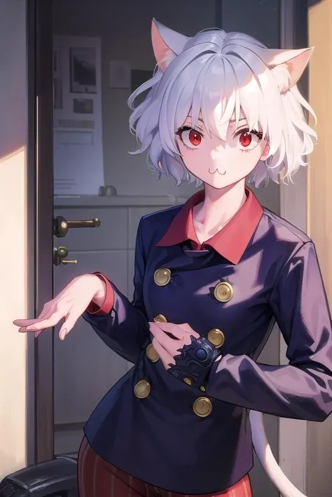 neferpitou, <lora:neferpitou-lora-nochekaiser:1>,
neferpitou, short hair, (red eyes:1.5), animal ears, hair between eyes, tail, white hair, cat ears, cat tail, cat girl, curly hair, <lora:catmouth_v100:1>, :3,
BREAK long sleeves, shorts, striped, buttons, brown shorts, shirt, collared shirt, blue shirt,
BREAK looking at viewer,
BREAK indoors, classroom, (cowboy shot:1.5),
BREAK <lyco:GoodHands-beta2:1>, (masterpiece:1.2), best quality, high resolution, unity 8k wallpaper, (illustration:0.8), (beautiful detailed eyes:1.6), extremely detailed face, perfect lighting, extremely detailed CG, (perfect hands, perfect anatomy),