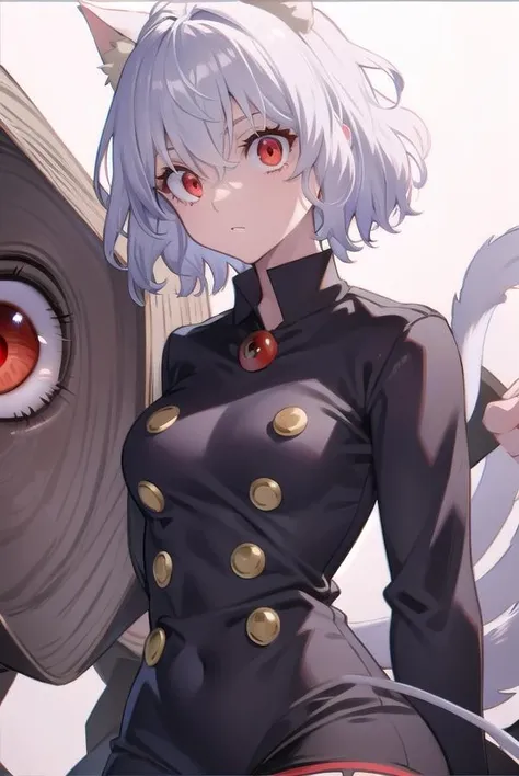 neferpitou, <lora:neferpitou:1>, neferpitou, short hair, (red eyes:1.5), long sleeves, animal ears, tail, white hair, shorts, cat ears, cat tail, curly hair, (small breast:1.2), BREAK looking at viewer, BREAK outside, BREAK <lora:GoodHands-vanilla:1>, (masterpiece:1.2), best quality, high resolution, unity 8k wallpaper, (illustration:0.8), (beautiful detailed eyes:1.6), extremely detailed face, perfect lighting, extremely detailed CG, (perfect hands, perfect anatomy),