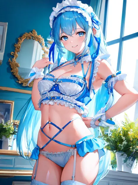 best quality,masterpiece, looking_at_viewer, smile, standing, posing, cowboy_shot, indoors, 1girl, solo, long hair,
<lora:lora_lacelimitation_01:0.6>, white underwear, blue ribbon, frilled underwear, thighhighs, wrist cuffs, arm cuffs, harness, headdress, navel,