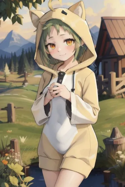 (masterpiece, best quality),animal onesie, 1girl, <lora:OnesiePJs-11:0.7>, onesie, onesie, hood, hood up, <lora:sylphiette:0.8>, sylc,1girl, pointy ears, ((green hair)), solo, ahoge, short hair, smile, red eyes, outdoors, closed mouth, elf, orange eyes, looking at viewer, blush