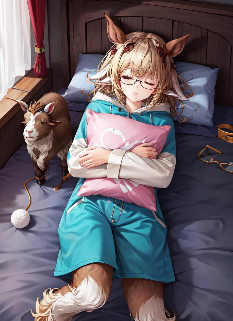 ((best quality)), ((highly detailed)), masterpiece, absurdres, (detailed eyes, deep eyes), <lora:more_details:.3>, (1girl), (glasses), upper body<lora:aiomonstergirls_loraLocon:.1>, ((satyr), (goat legs), horns, (goat horns), <lora:hoovedlegs:.7>, hooved legs, hooves, (furry legs), loincloth, tube top, inside, in a bedroom, sleepy, on bed, pillow, lying, on back, ((sleeping)), ((both eyes closed)), <lora:OnesiePJs:.9>, onesie, <lora:pillow_v2:.9>, pillow hug, holding pillow, pillow hug, large pillow